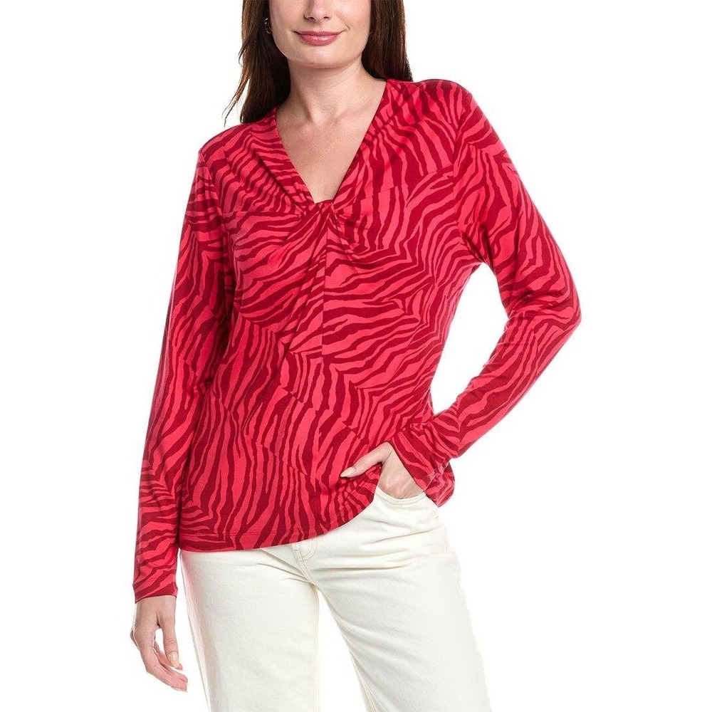 Cabi Feline Tee Women Large Red Magenta Zebra Print Long Sleeve V-Neck 4631 NEW‎